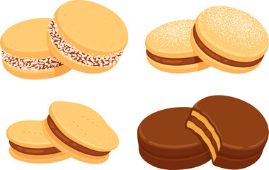 Alfajores, traditional Chilean sandwich cookies filled with manjar (dulce de leche). Different types set. Isolated vector clip art illustration.
