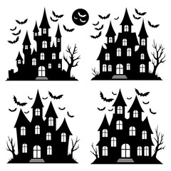 Set of four halloween haunted house silhouettes. Black spooky icons isolated on white background. Vector design.