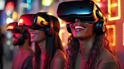 Three people wearing VR headsets, laughing and experiencing virtual reality, colorful urban setting at night, vibrant neon lights, positive and excited expressions, focus on joyful experience, city