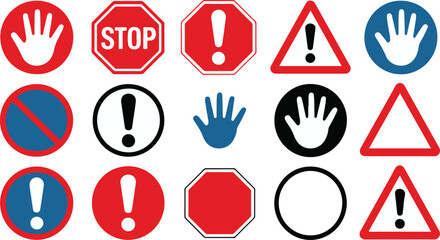 various traffic warning signs collection including stop prohibition hand symbol and exclamation icon
