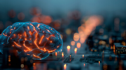 Abstract futuristic background with neural network patterns and digital AI motifs.