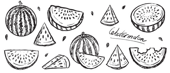 Set of watermelons whole, sliced and pieces in black brush stroke texture isolated on white. Hand drawn vector sketch illustration in vintage charcoal ink. Summer berry design, juicy fruit