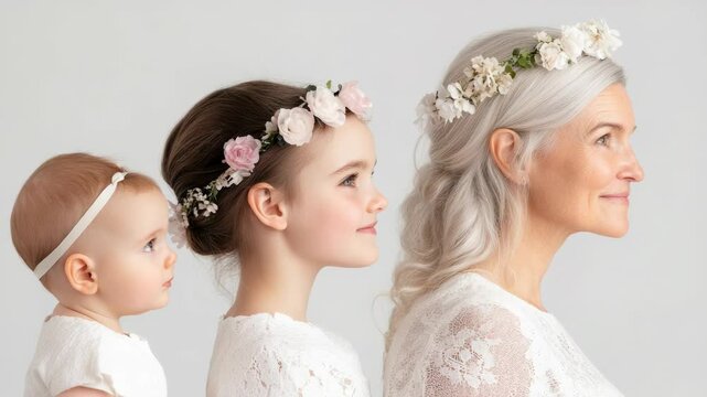 A woman aging process depicted through facial changes, emphasizing beauty of each stage, from youth to older years, capturing the grace and strength that evolve with time, marking a life journey.
