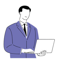 Businessman smiles gently while holding laptop in minimalist line drawing style against white