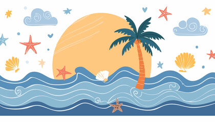 Obraz premium colorful Hand drawn summer vintage icon set. Palm tree, sun and sea, seashells, coral, in doodle sketch style. Drawing ink. Italian concept, ocean, vacation and travel. Vector.children, doodle, palm