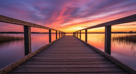 Fototapeta premium Serene Sunset Pier on Calm Lake - Tranquil sunset over still lake water, wooden pier extending towards the horizon, symbolizing peace, journey, hope, reflection, and serenity