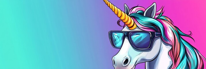 Colorful unicorn illustration wearing stylish sunglasses, with vibrant gradient background blending turquoise and pink, creating a whimsical and playful atmosphere for design projects
