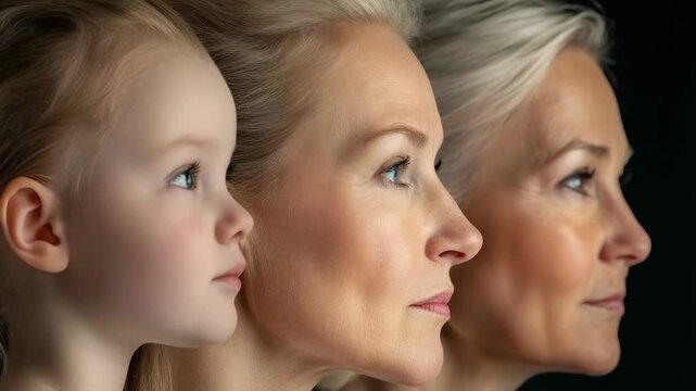 Aging journey of a woman, portraying the natural shifts in her face, symbolizing the passage of time and the evolution of identity, reflecting the wisdom and grace gained through the stages of life.