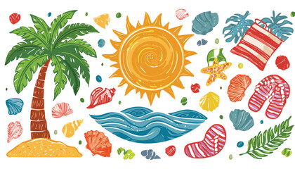 Summer boho vintage icon set. Hand drawn palm tree, sun and sea, seashells, coral, crab in naive groovy style. Tropical surf club concept, vacation and travel. Vector collage.club, collage, doodle, 