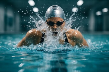 competitive swimmer performing the butterfly stroke in a pool, with water splashing dynamically Athletic swimmer in action swimming lanes Background