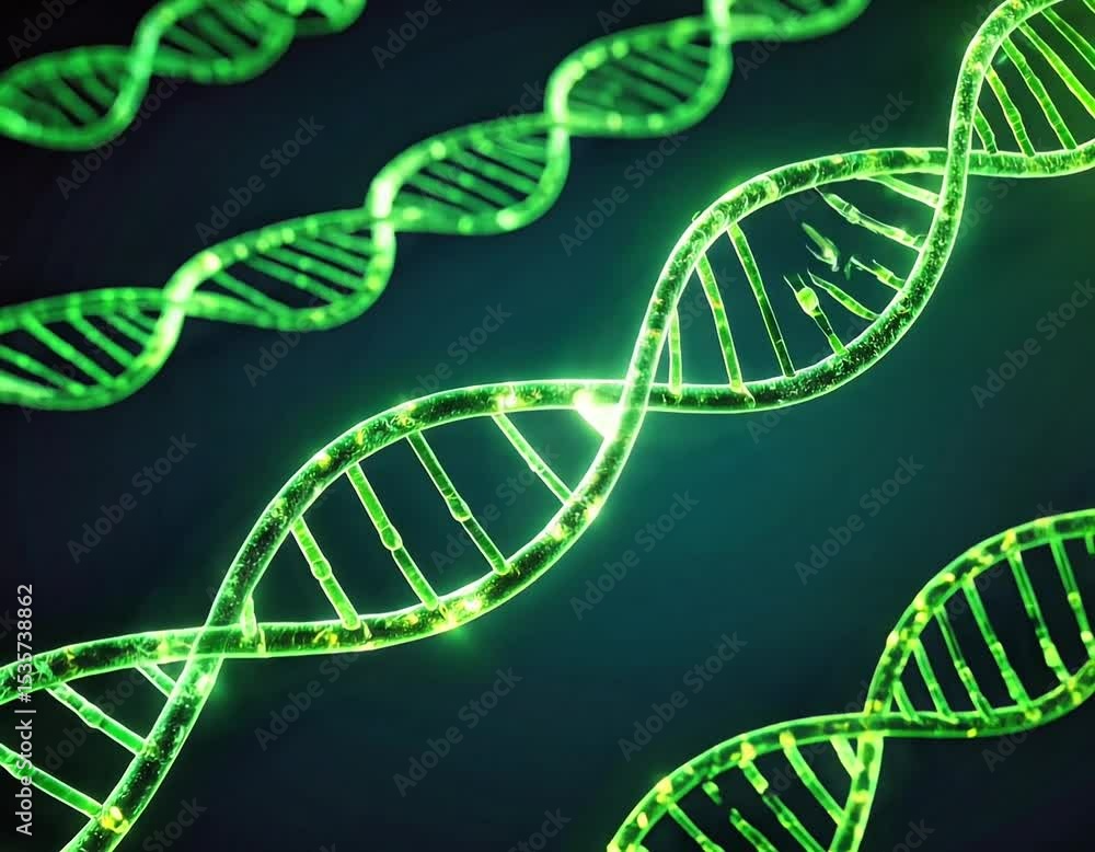 Poster dynamic 3d render of glowing green dna strands on a dark background