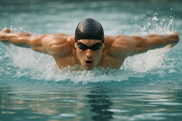 Athletic swimmer performing butterfly stroke in a pool, water splashing dynamically around them Intense movement captured with focus and power swimming lanes Background