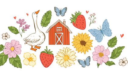 Vintage hand drawn cute cottagecore elements in sketch style. Line art. Flowers, bows, barn, goose, strawberry, butterfly. Gardening and country lifestyle. Vector.children, doodle, daisy, illustration