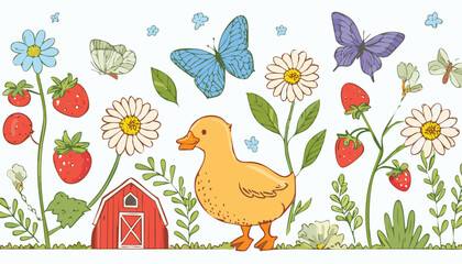 Obraz premium Vintage hand drawn cute cottagecore elements in sketch style. Line art. Flowers, bows, barn, goose, strawberry, butterfly. Gardening and country lifestyle. Vector.children, doodle, daisy, illustration