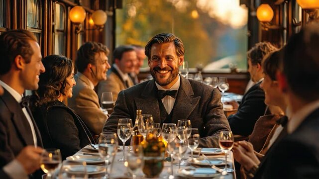 Group of people enjoying a dinner inside a vintage train car, warm golden lighting, elegant clothing, joyful atmosphere, glasses, plates, cutlery, candles,  stylish setting