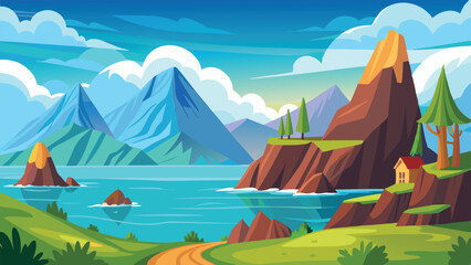 Colorful Landscape Illustration with Mountains, Lake, House, Trees and Cloudy Sky in Vector Style
