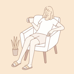 Time to relax. Girl enjoying her Morning Coffee while sitting in sofa vector design illustrations