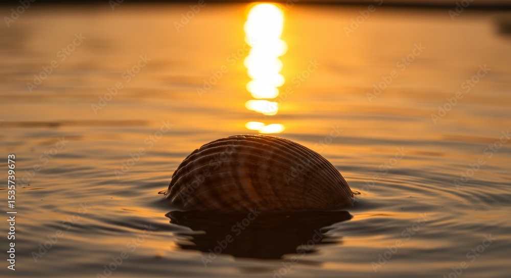 Poster sunset seashell serenity - a single seashell floats gently on calm water as the sun sets, creating a