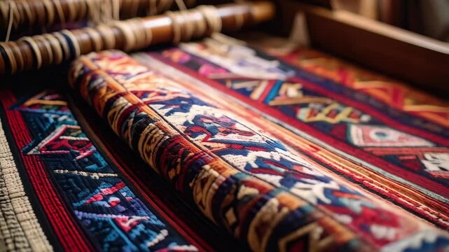 Close-up view of a traditional weaving loom with colorful patterned fabric being created, showcasing intricate craft and cultural heritage