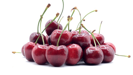 close up of beautiful red cherries on white background