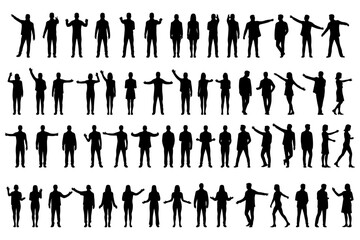 Large Collection of Diverse People Silhouettes in Various Poses. A set of 50 black silhouettes of people arranged in two rows against a white background.