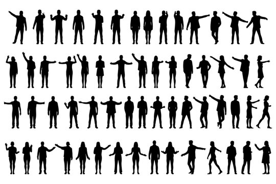 Large Collection of Diverse People Silhouettes in Various Poses. A set of 50 black silhouettes of people arranged in two rows against a white background.