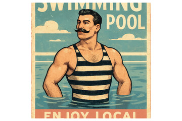 Vintage illustration of a muscular swimmer in a striped swimsuit, proudly posing in the pool with retro typography, promoting a local swimming pool, swimming pool poster