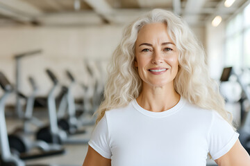 Fototapeta premium Mature woman with a radiant smile, standing in a gym, embodying health and fitness. Her white hair adds a touch of elegance to her active lifestyle.