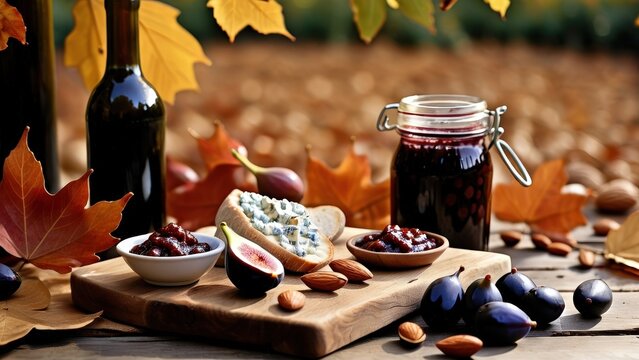 Appetizer set on rustic wooden board: blue cheese wedge, fig jam, marinated olives, roasted almonds, homemade wine bottle, autumn leaves decor. - Powered by Adobe