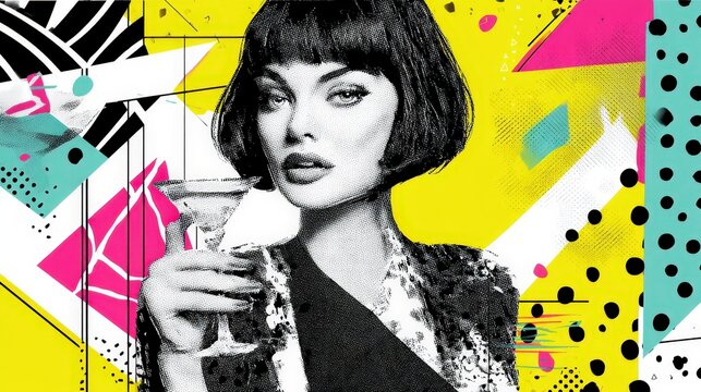 Stylish woman enjoying a cocktail against a vibrant abstract backdrop with bold pop art designs