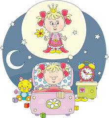 Little girl sleeping in her pretty small bed among funny toys in a nursery room on a moonlit night and dreaming that she is a cute princess from a fairy tale, vector cartoon illustration