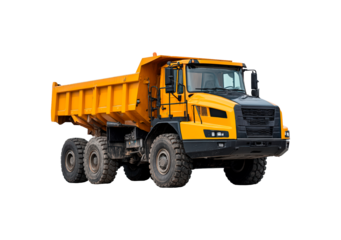 Large orange dump truck with six wheels isolated on transparent background, PNG