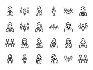 Bundle  Businesswoman Icon Silhouettes in Minimalist Line Style on White Background – Female Professional, Corporate, Office, and Executive Symbols for Business, HR, and Management Design