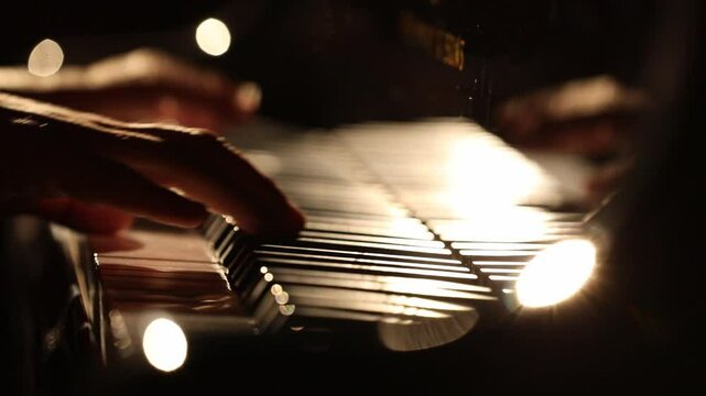 a top-down view of a pianist playing under a spotlight, and an intimate, silhouetted close-up of hands on the keys with beautiful bokeh.