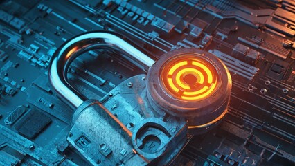 Cybersecurity concept with a futuristic glowing padlock on a digital motherboard background symbolizing data protection, encryption, secure technology, and advanced computer network defense systems.