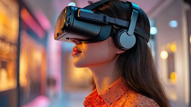 Woman experiencing virtual reality in a modern art gallery setting, focused expression, vibrant lighting.Orange shirt, VR headset, interior setting with visible artworks and blurred people