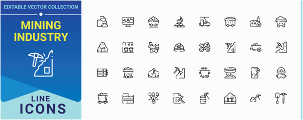 Mining Industry icon set. Containing gold, mine, pick, industry, industrial and more. Mining line icon set. Minimalist icons collection. Vector collections.