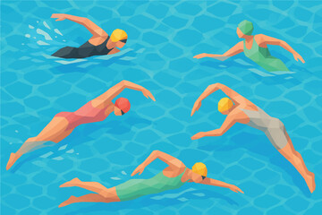 Colorful Low Poly Swimmers Performing Different Strokes in a Pool, Illustrated with Geometric ShapesIdeal for Aquatic Sports and Fitness Themes