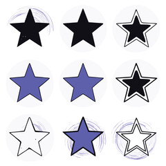 Nine various star icons are set against a white backdrop with light brushstrokes