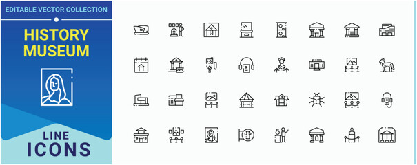 History Museum icon set. Related to art, culture, exhibition, antique, ancient, history, historical and more. Museum line icon set. Thin line icons set. Editable stroke.