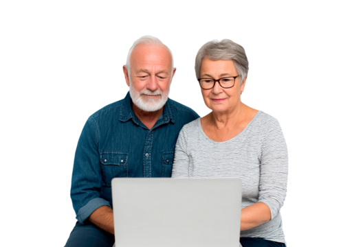 Elderly couple using laptop on transparent background, PNG