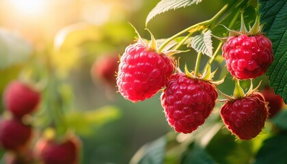 Close-Up of Ripe Fresh Raspberries Hanging on a Garden Bush