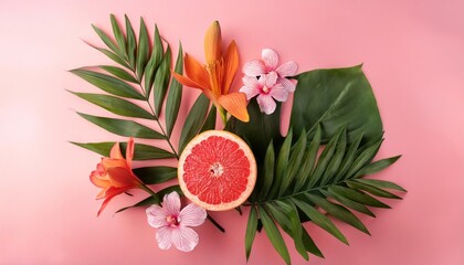 Obraz premium Colorful Grapefruit, Exotic Blooms, and Green Foliage on Pink Background