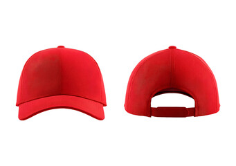 Bright red baseball cap front and back view on transparent background, PNG