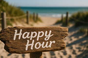 Weathered wooden happy hour sign inviting guests to relax on sandy beach pathway with blue sea and sunlight in background