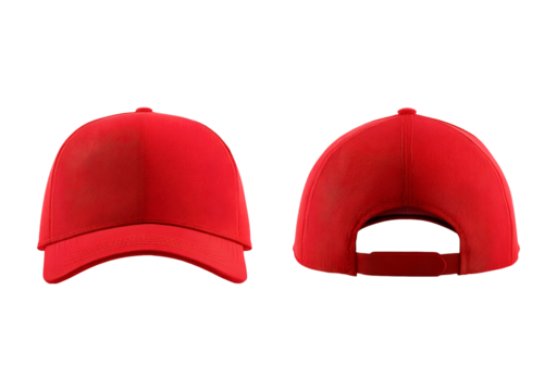 Bright red baseball cap front and back view on transparent background, PNG