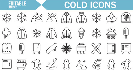 Editable vector icons for cold, snow, and ice elements with polar animals and winter gear.