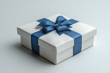 White gift box with blue ribbon and bow, luxurious and festive presentation, elegant for premium packaging needs