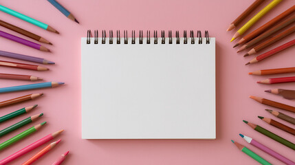Top-down view of a blank white notepad placed on a soft pastel pink background, surrounded by brown-colored pencils with only the tips in bright colors