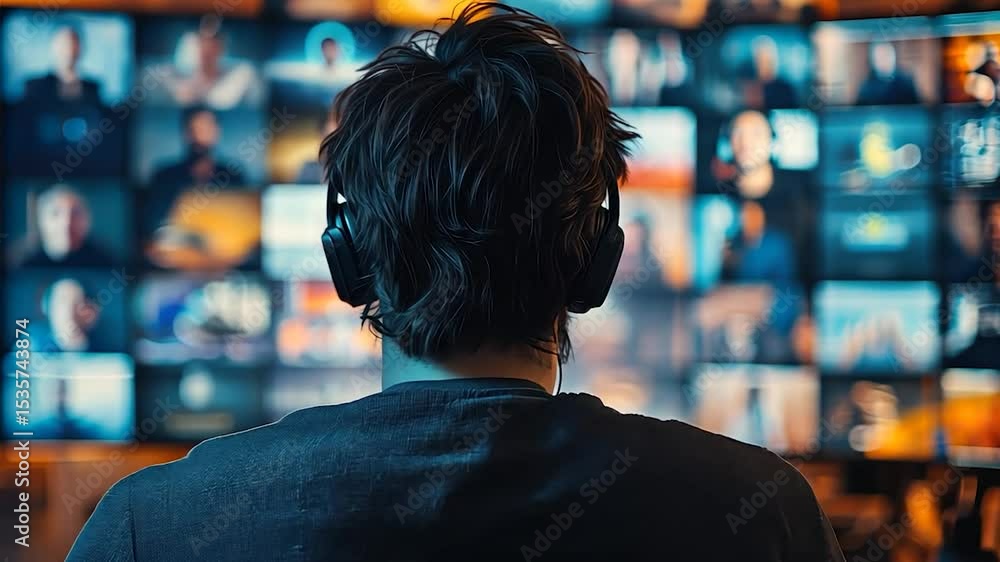Aufkleber man in dark clothes using computer for multiple video calls